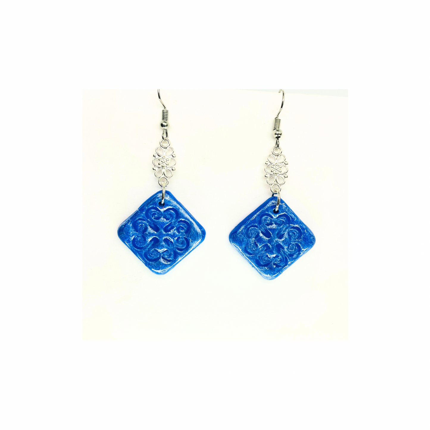 Blue Tile 131 with Silver Charm Dangle Earrings - Unique Design Jewelry Piece