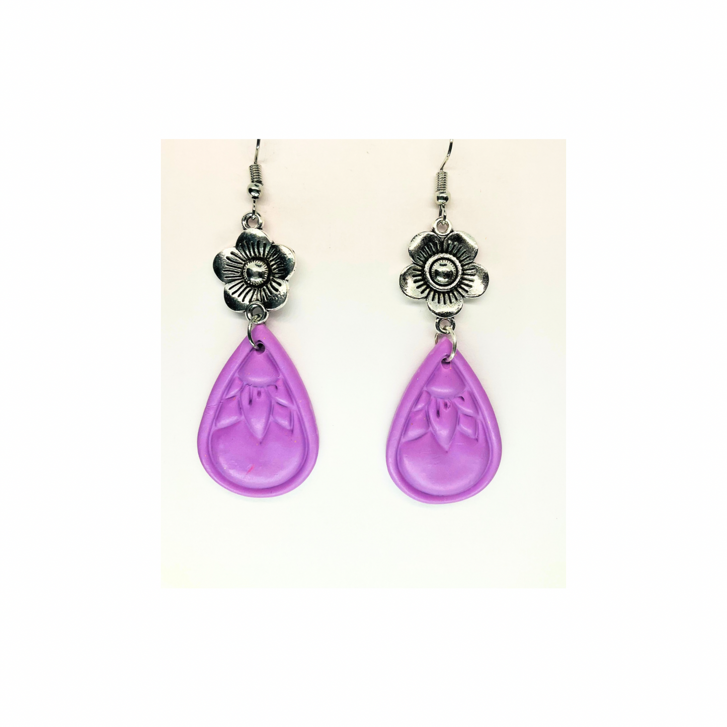 Purple Sunflower Teardrop Silver Flower Dangle Earrings with Unique Design and Colorful Teardrop Shape