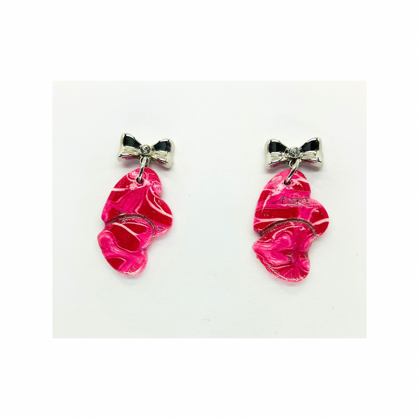 Pink Marble Double Heart Dangle & Silver Heart Studs