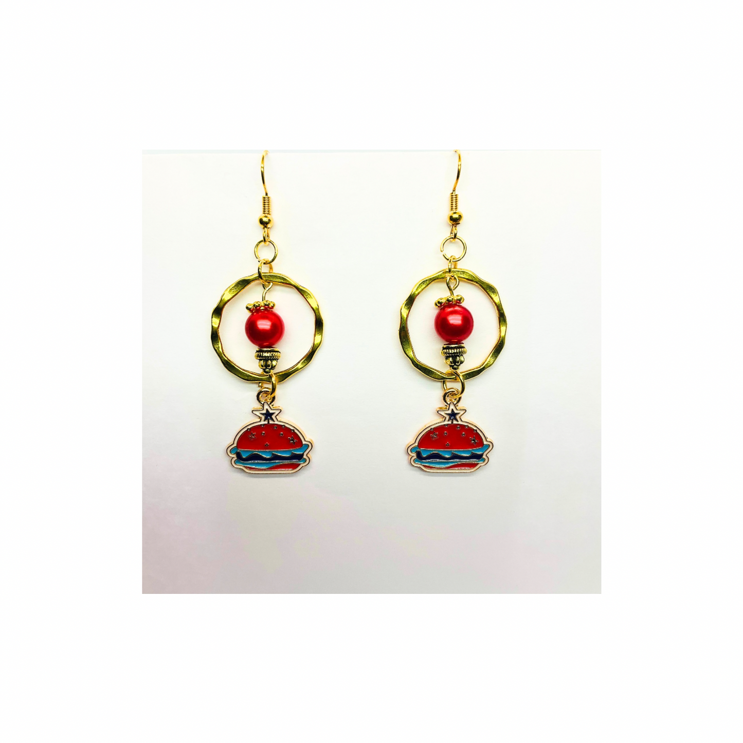 Patriotic Collection Gold Circle with Hamburger Charm Dangle Earrings