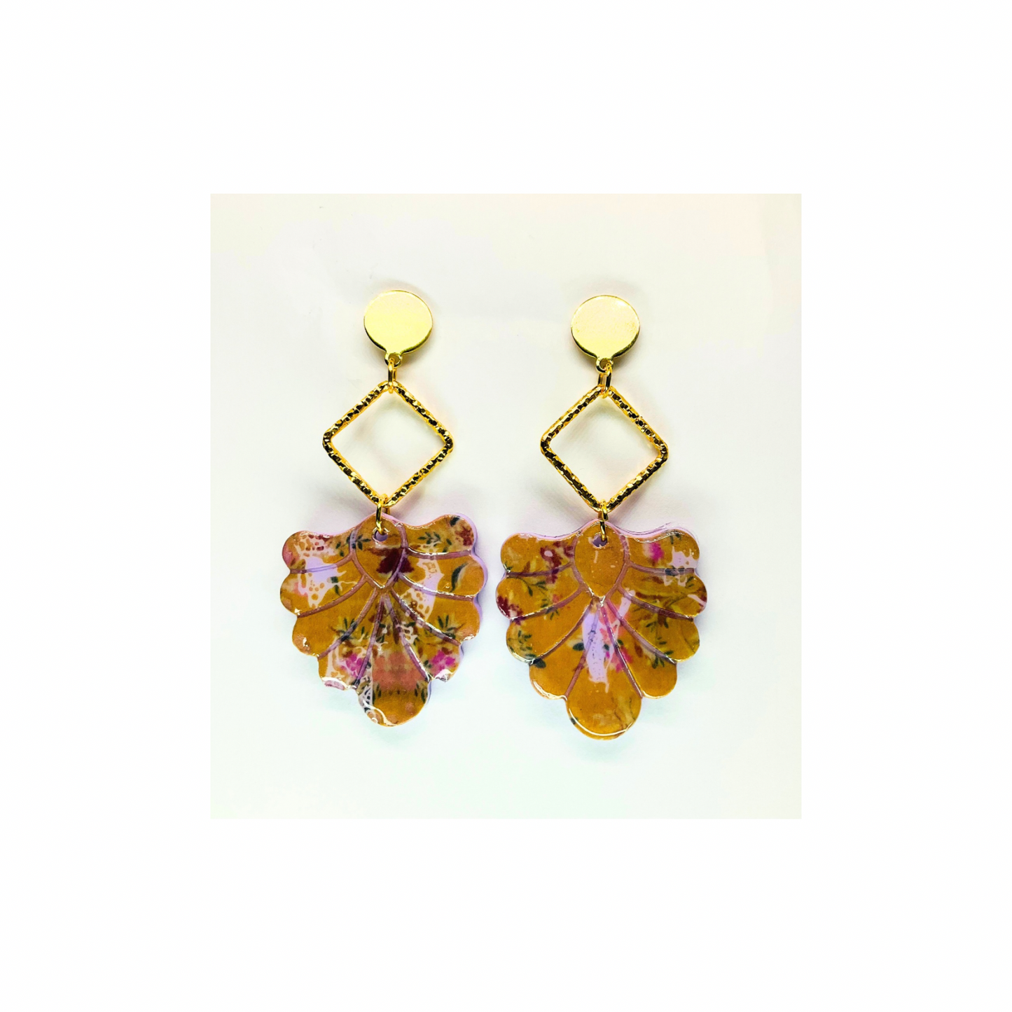 French Garden Beige and Purple Dangle with Gold Stud Earrings