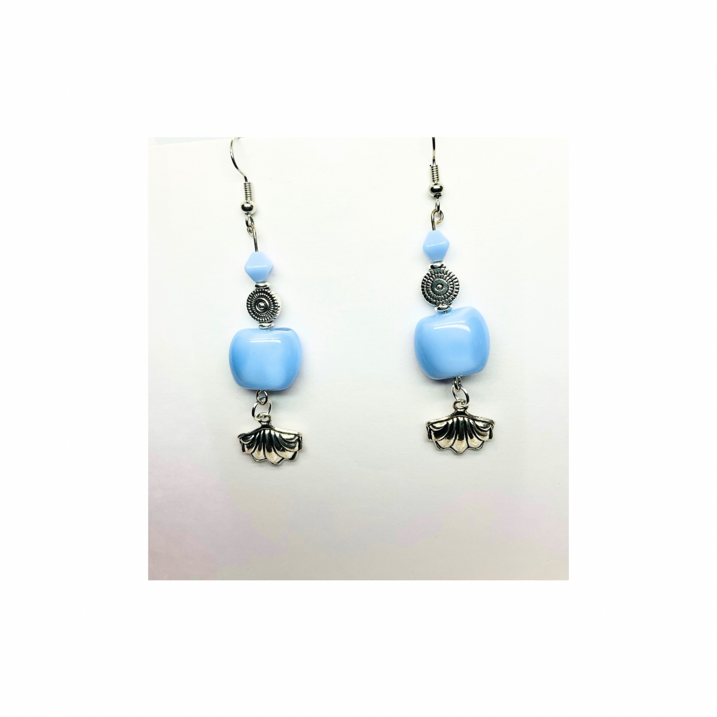Ocean Collection Light Blue Beads with Silver Shell Charm Dangle Earrings - Stylish and Unique Design