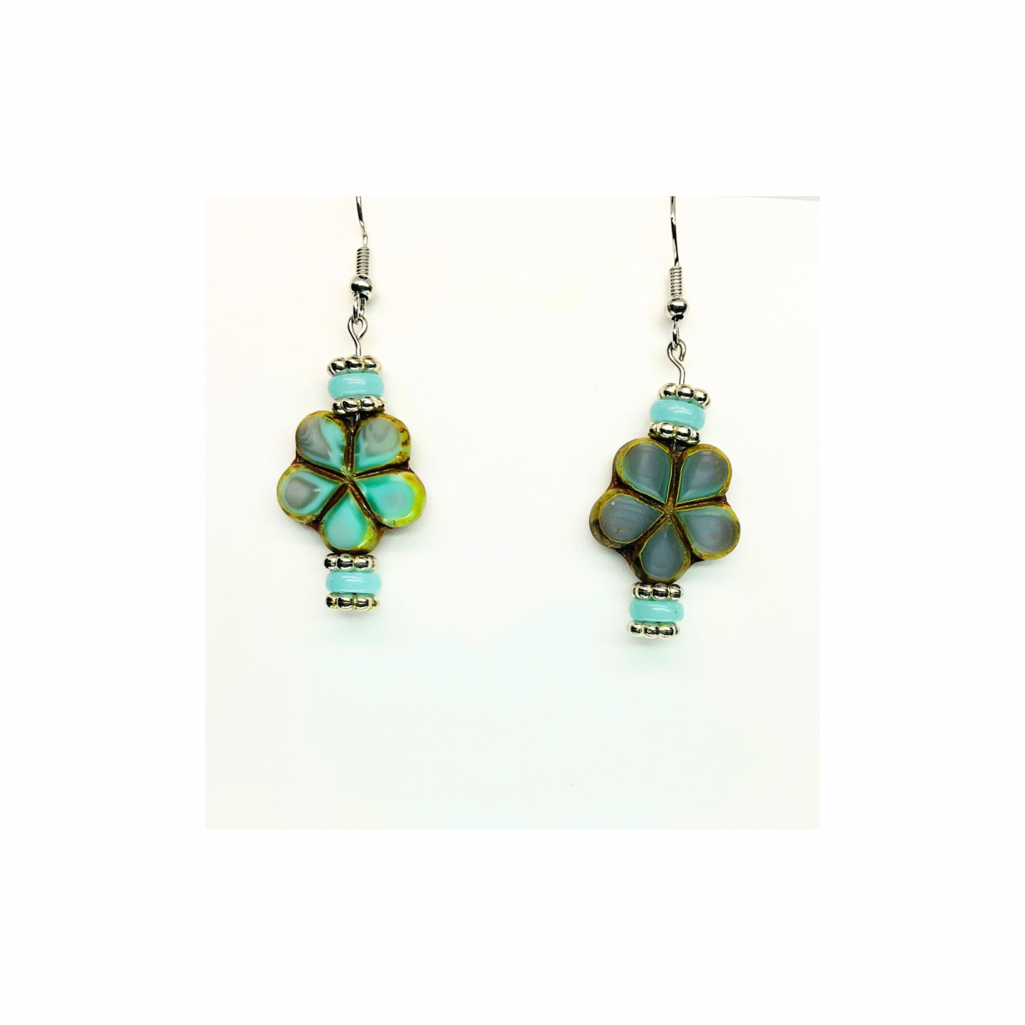 Porcelain Bead Collection with Flower Dangle Earrings - Elegant Design Featuring Teal and Silver Accents