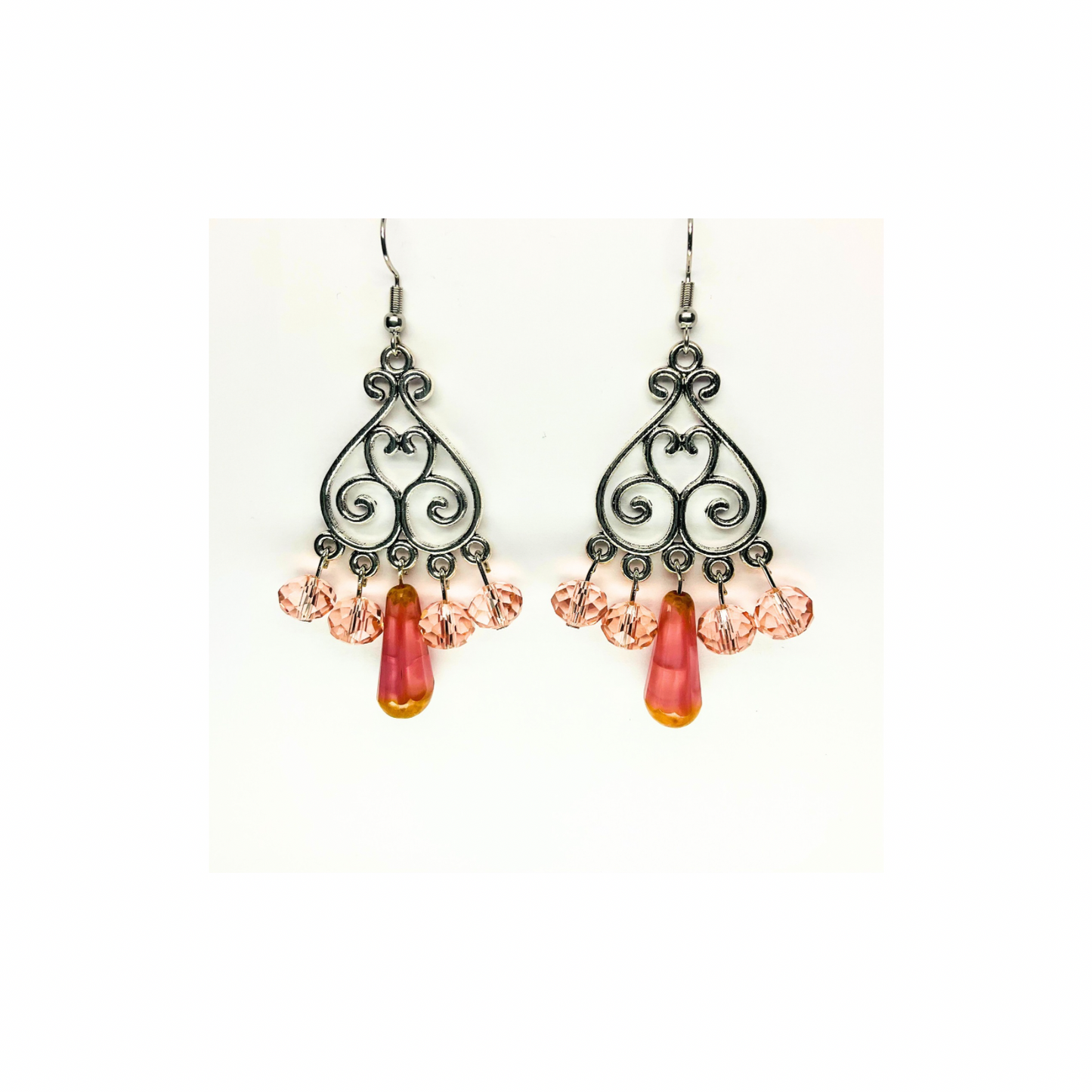 Crystal Chandelier Collection Teardrop Dangle Earrings with Pink and Orange Beads and Intricate Design