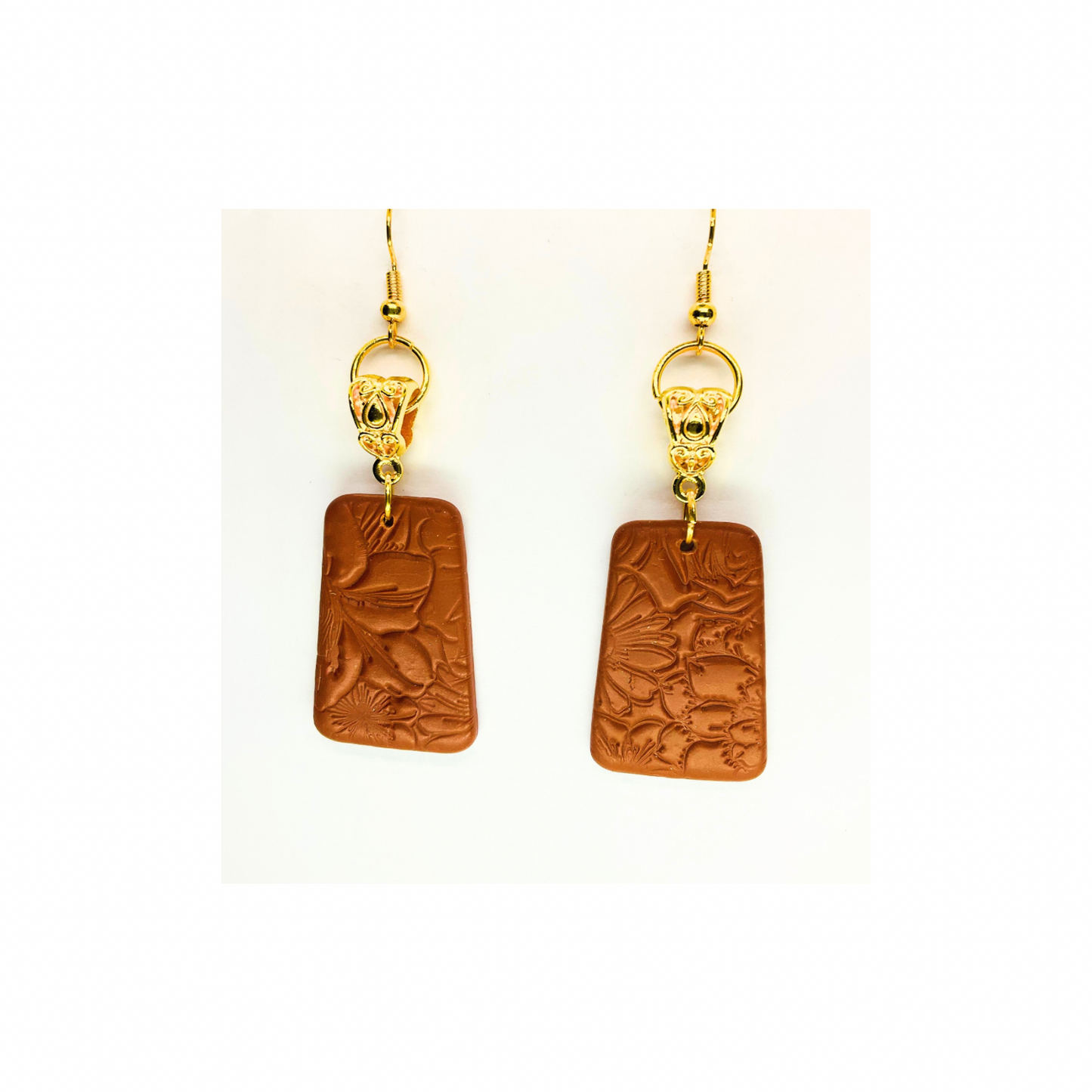 Leather Look Bronze with Gold Hoop Dangle Earrings - Rectangular Design & Gold Hooks