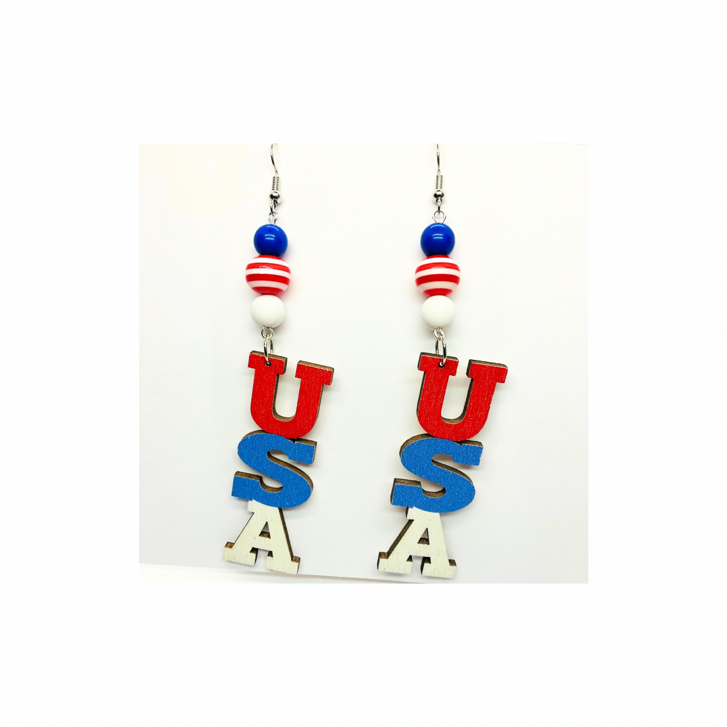 Patriotic Collection USA Wood with Bead Dangle Earring for Female Red White Blue Colorful Design
