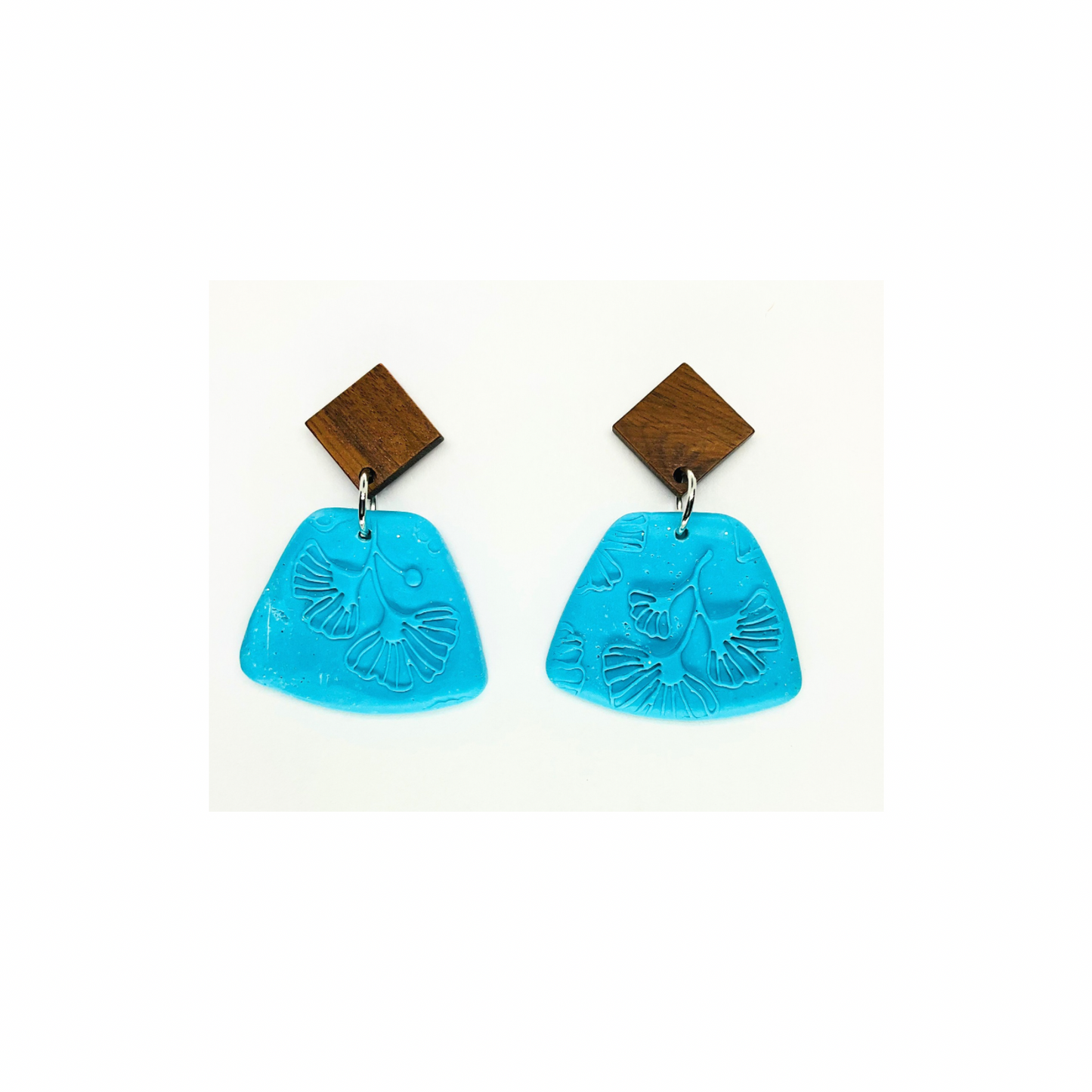 Turquoise Blue Leaf with Wood Stud Dangle Earring - Unique Design Earrings Featuring Leaf Motif and Wooden Accent