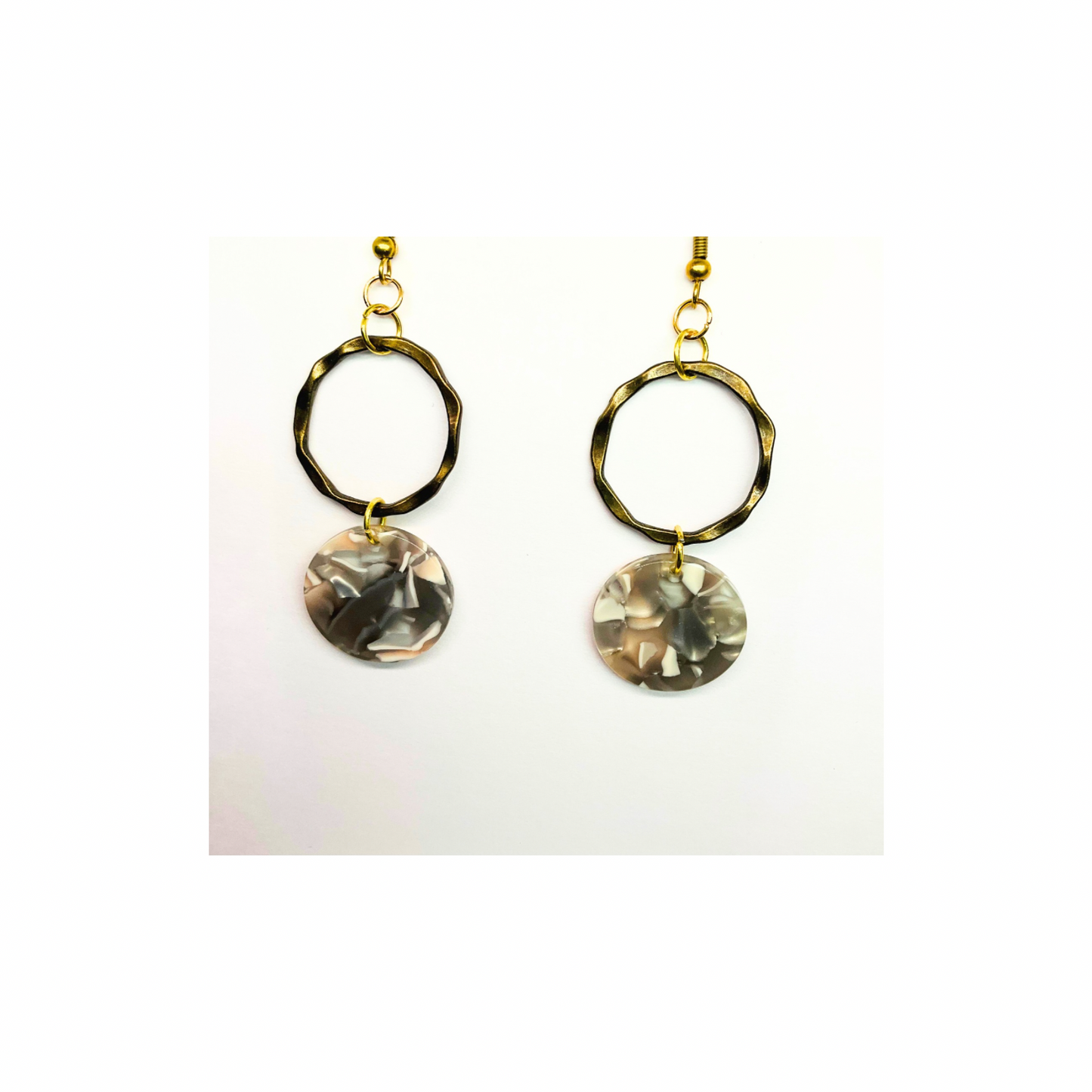 Tortoise Collection Gray and Beige Circle Gold Dangle Earring with Unique Tortoise Shell Design
