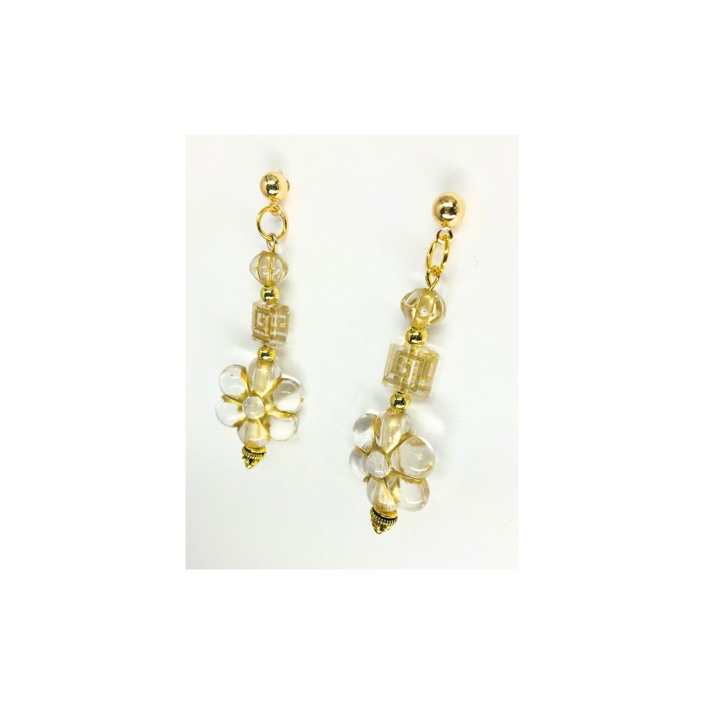 Clear and Gold Flower Czech Bead Dangle with Gold Ball Stud Earrings-Crafting By BB