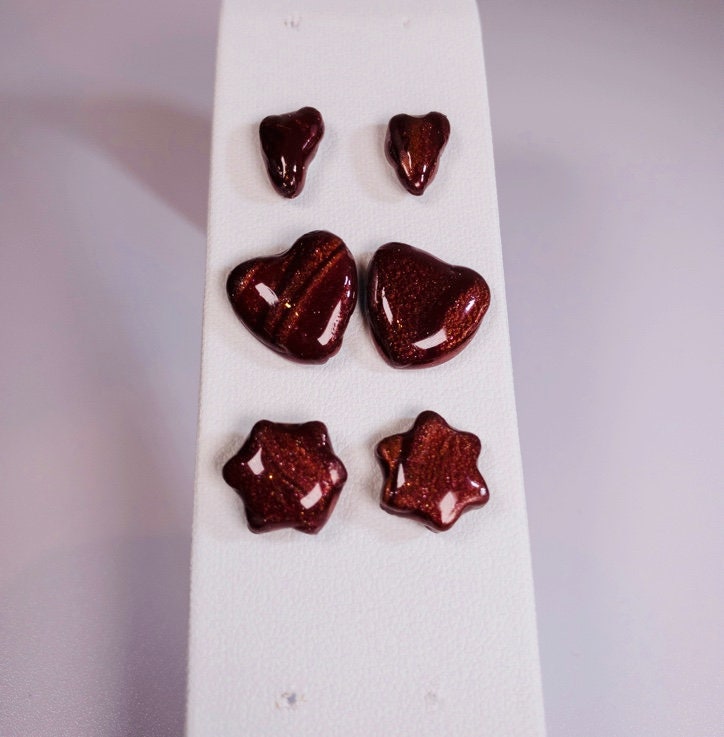 Stud Earrings Set of -Handmade Dark Brown Clay Heart Shapes