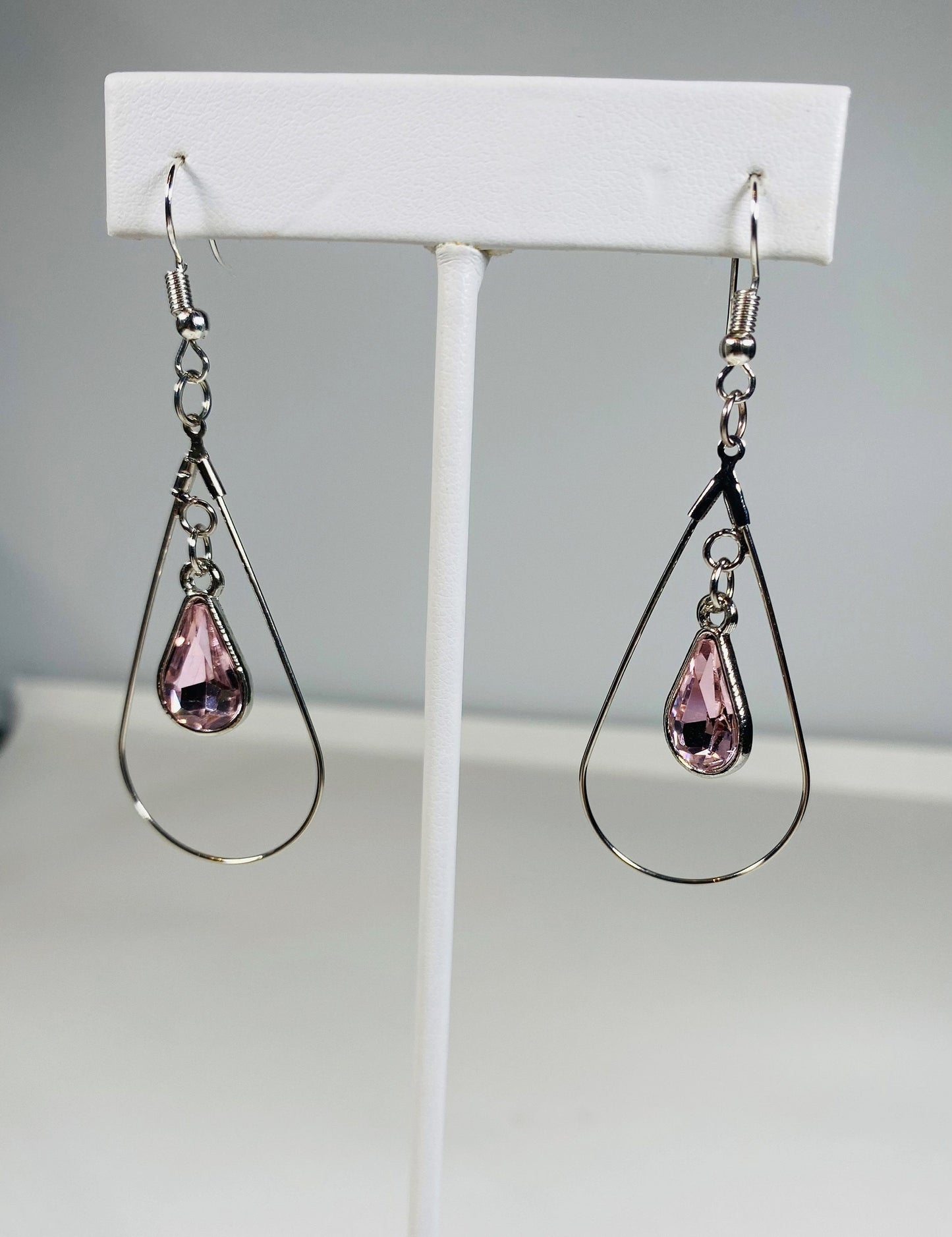 Silver Pink Stone Dangle Earrings
