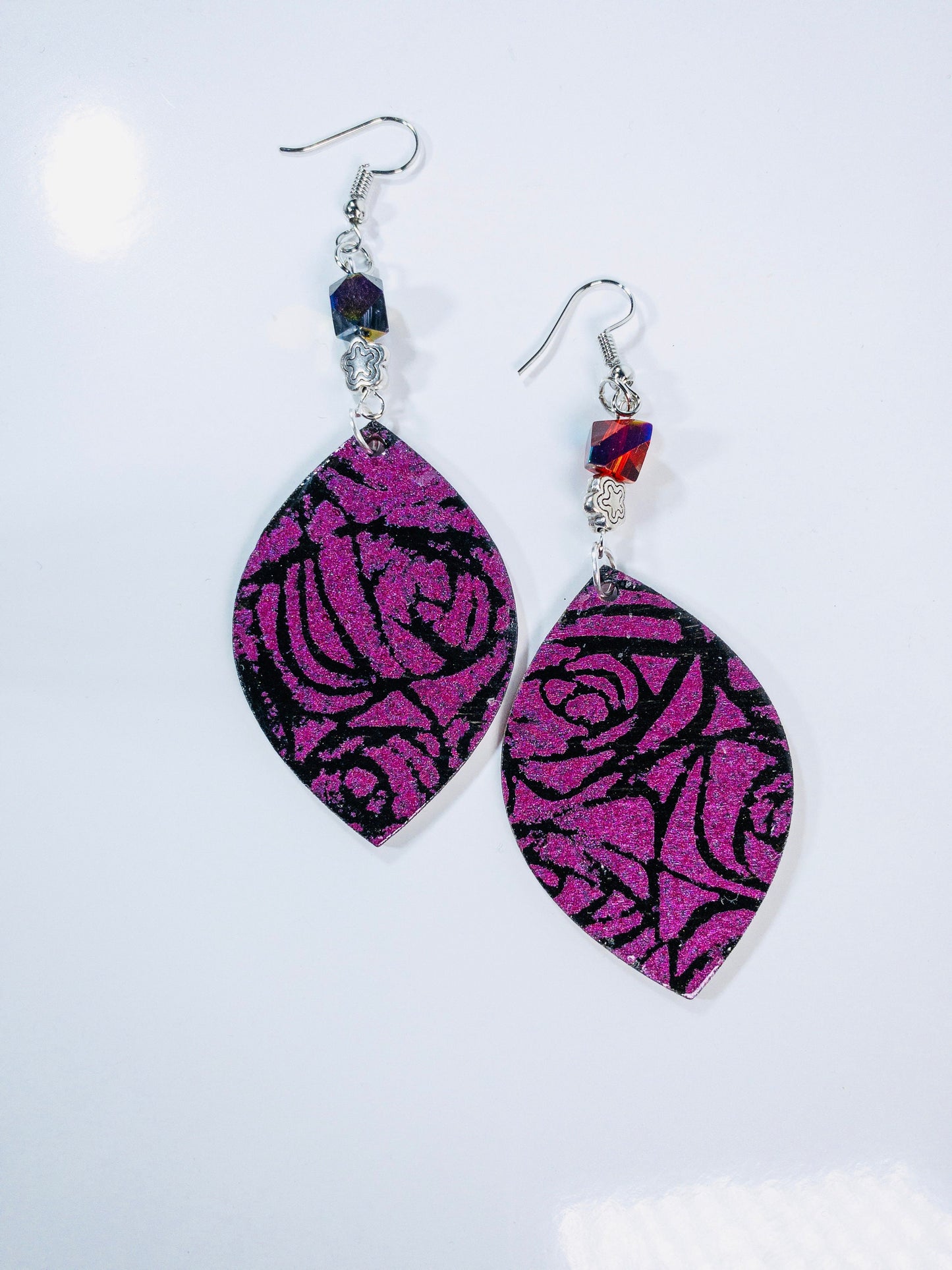 Black and Fuchsia Iridescent Stenciled Rose Dangle Earrings