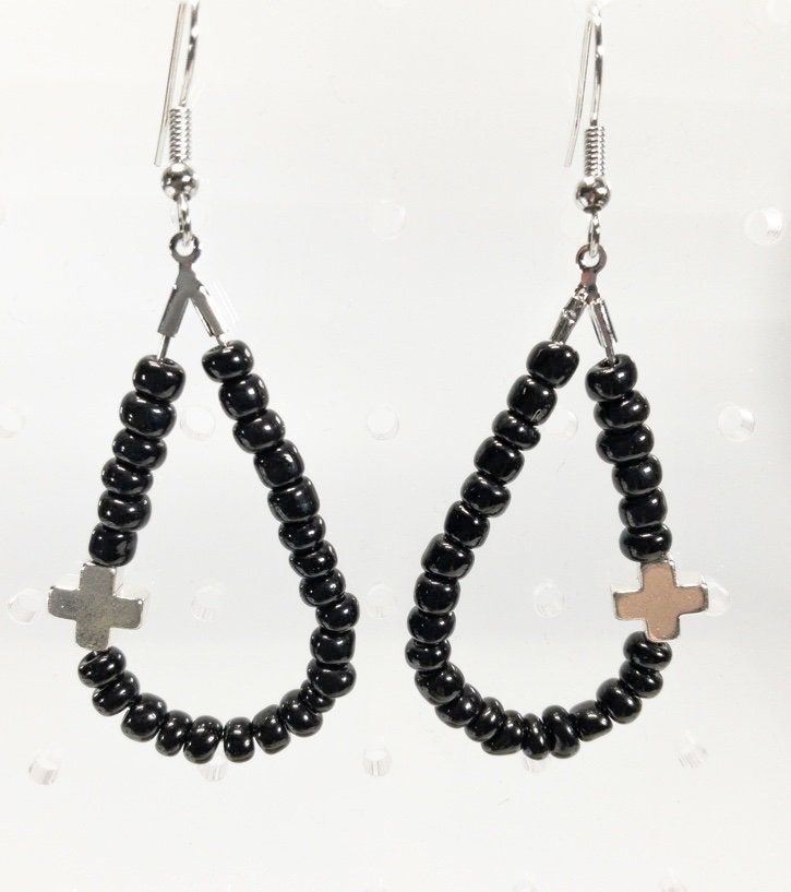 Black Bead Teardrop Cross Dangle Earring