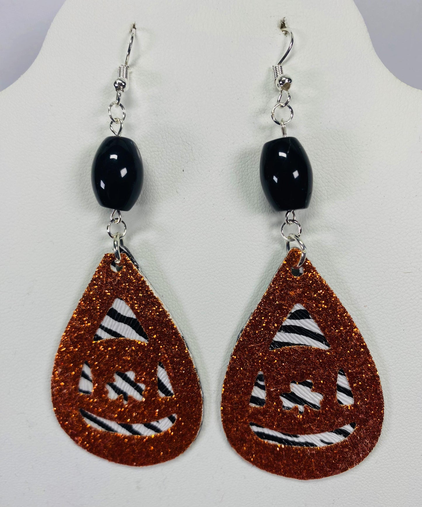 Faux Leather Pumpkin Face Teardrop Orange Sparkle Dangle Earring