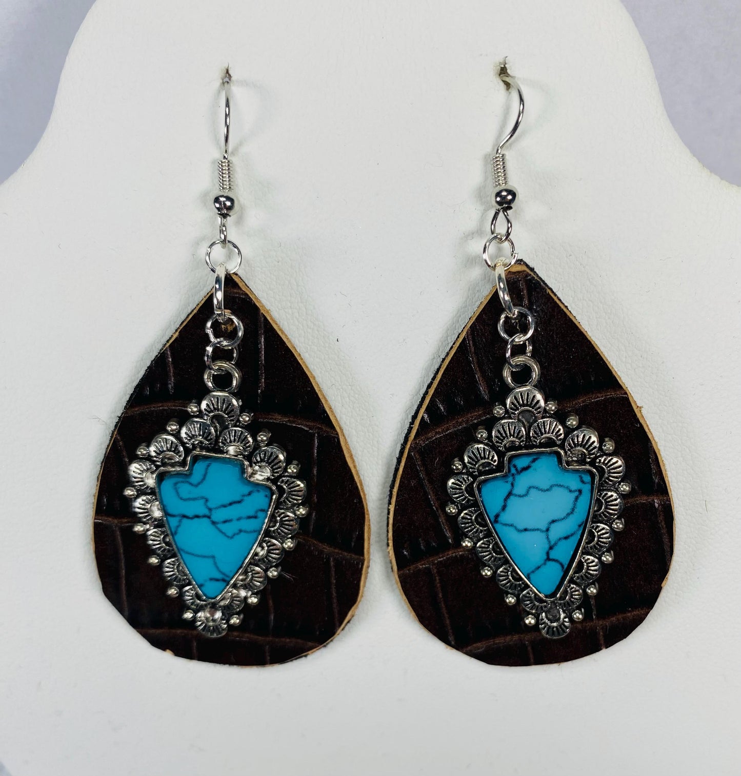 Brown Leather Teardrop Dangle Earrings with Turquoise Charm