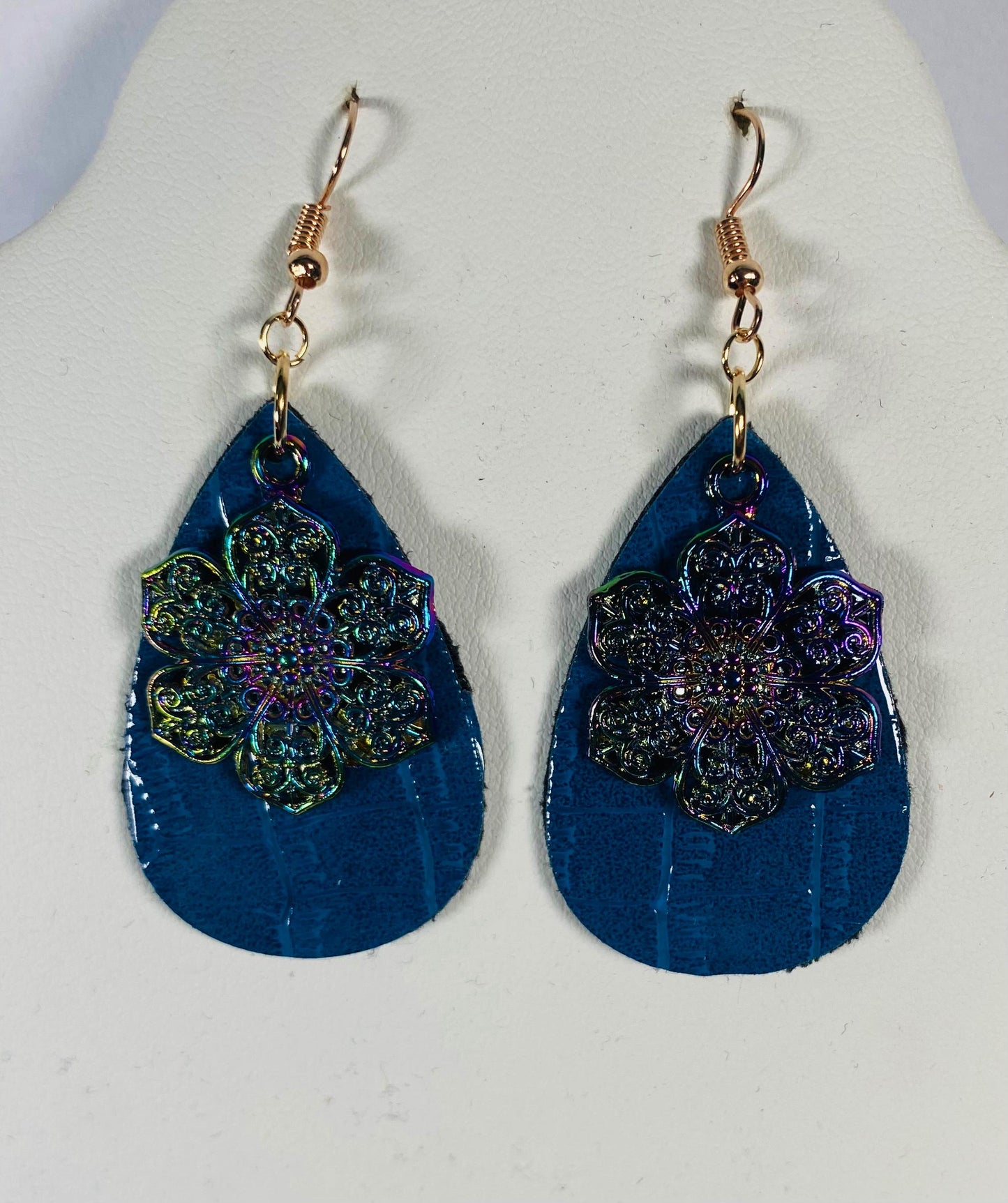 Blue Faux Leather Teardrop Dangle with Holographic Flower Charm