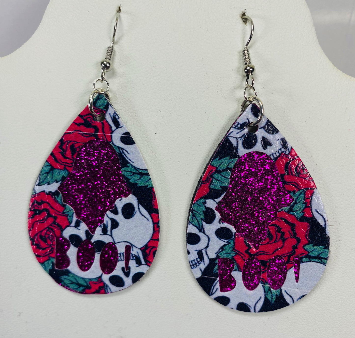 BOO Halloween Pink Sparkle Dangle Teardrop Earring