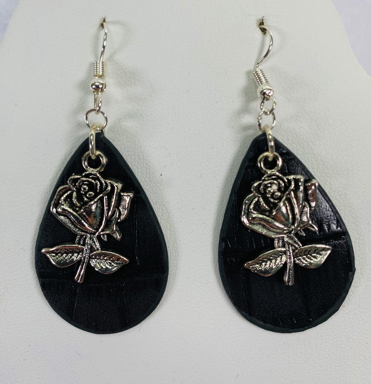 Faux Black Leather Teardrop Earring with Silver Flower Charm