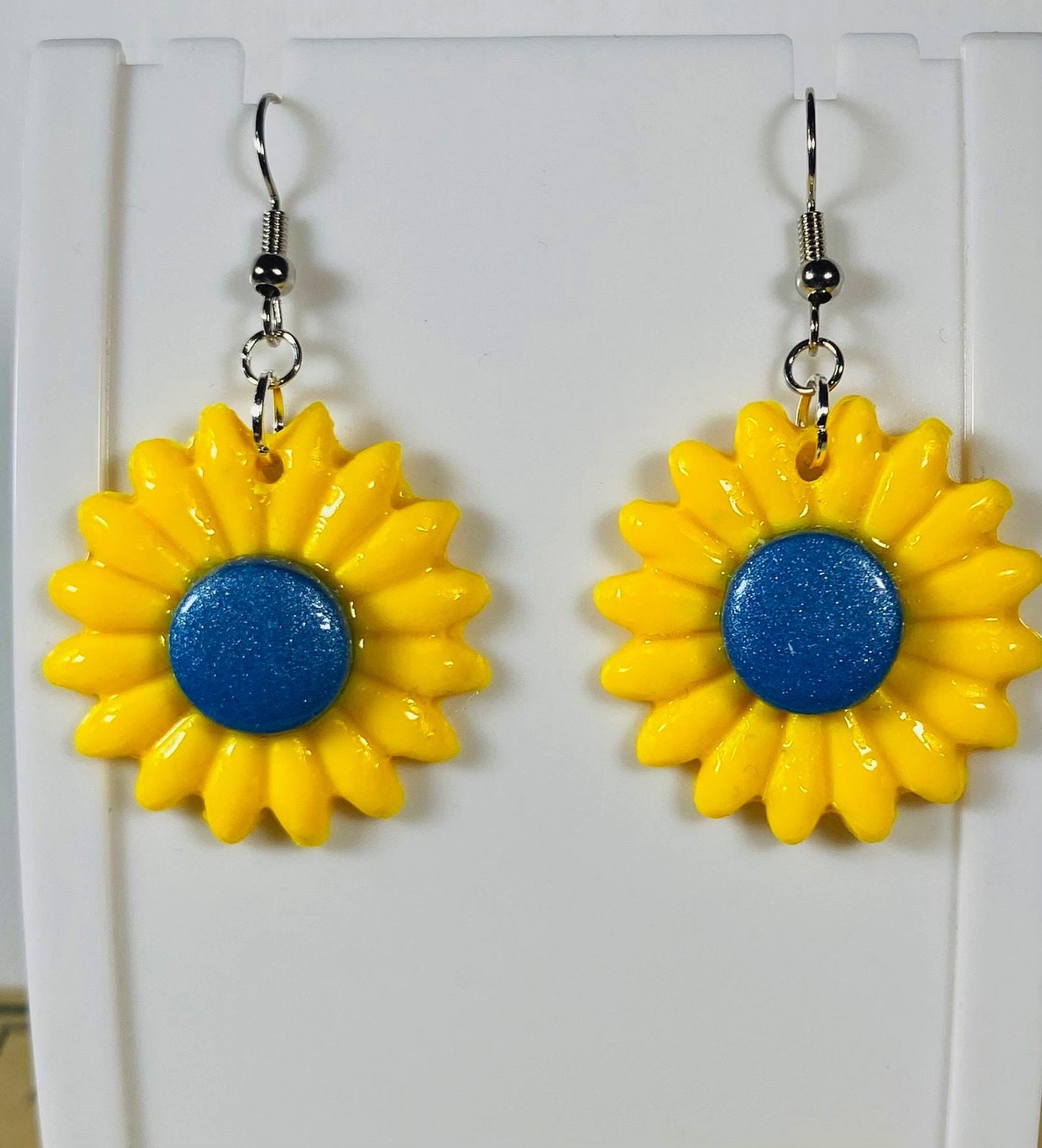 Sunflower with Blue Center Dangle Earrings