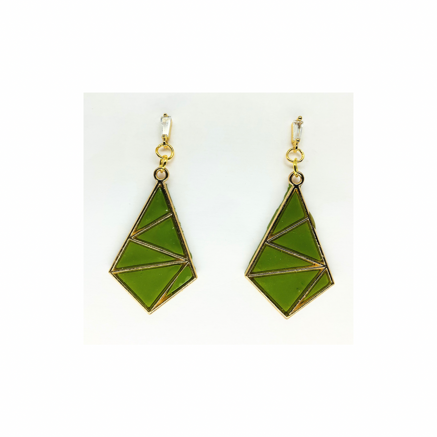Olive Green Diamond Shaped Dangle with Rhinestone Stud Earrings-Crafting By BB