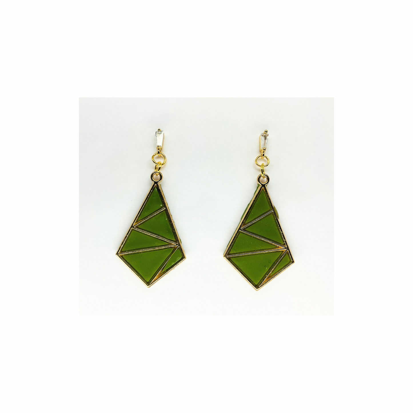 Olive Green Diamond Shaped Dangle with Rhinestone Stud Earrings-Crafting By BB