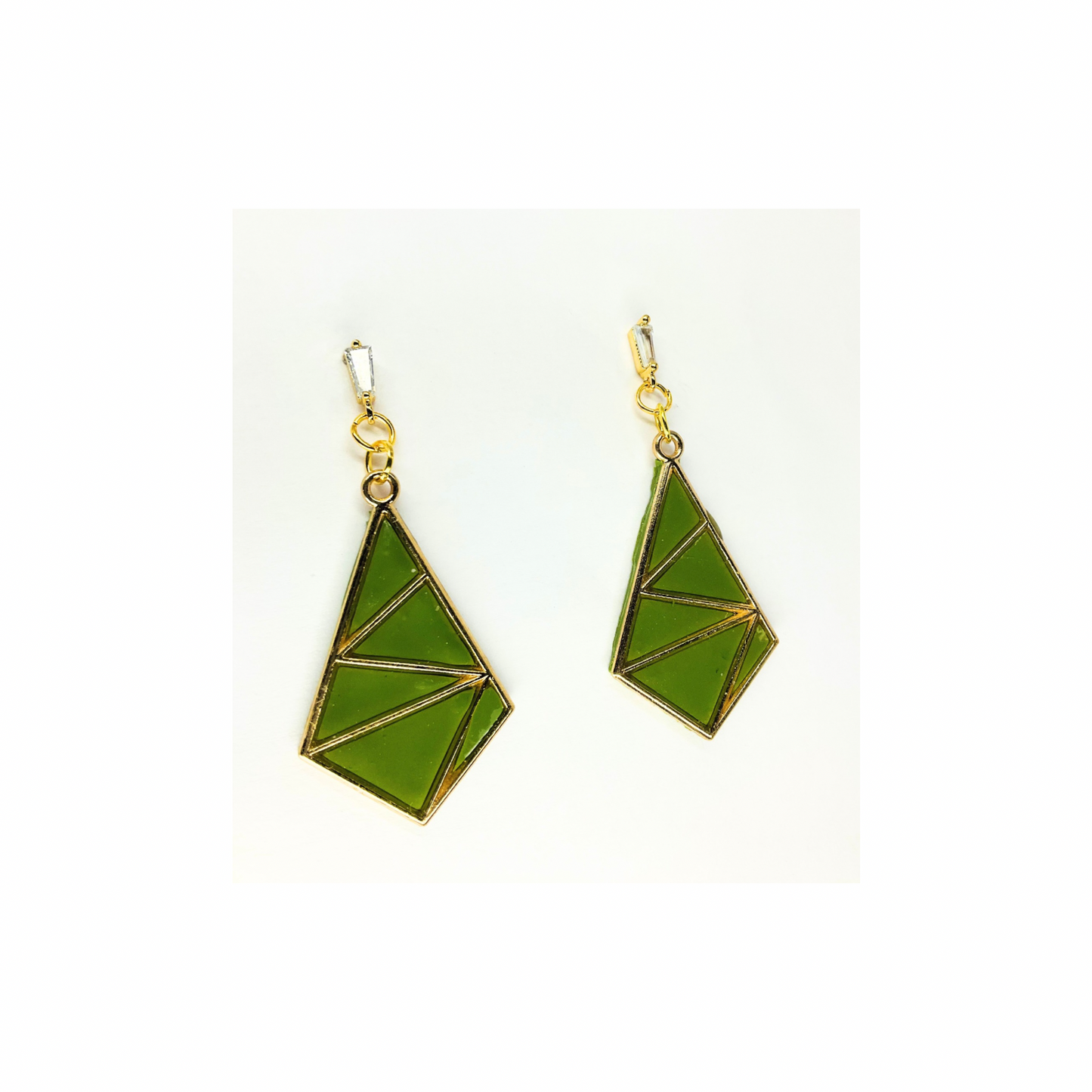 Olive Green Diamond Shaped Dangle with Rhinestone Stud Earrings-Crafting By BB
