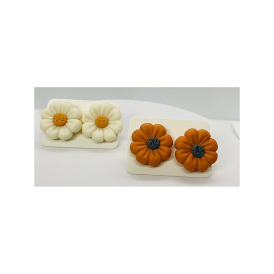 Soft Cream and Pumpkin Orange Flower Stud Earrings