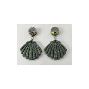 Ocean Collection Gray Sparkle Shell Drop Earrings Handmade Resin with Chunky Glitter Push Back Closure Quality Craftsmanship