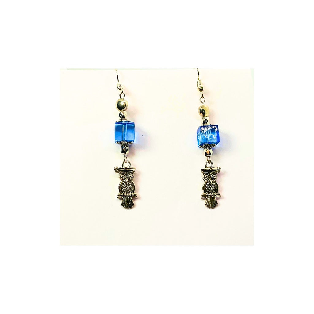 Blue  Glass Bead Dangle Earrings with Silver Owl Embellishment