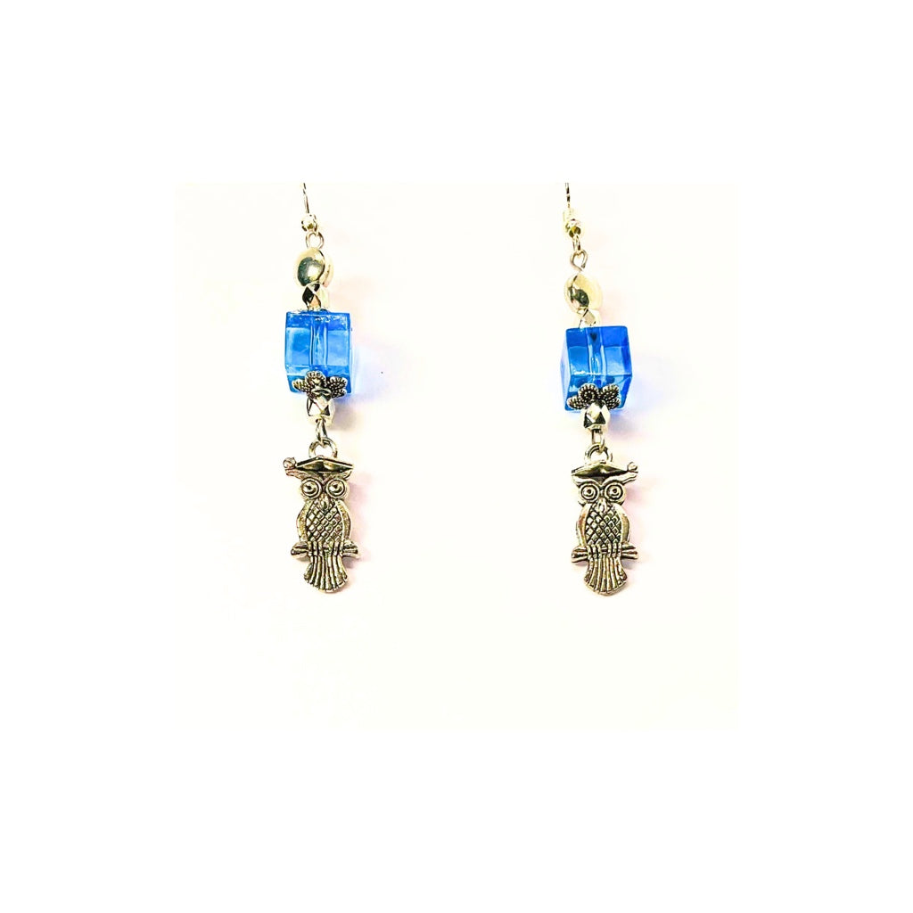 Blue  Glass Bead Dangle Earrings with Silver Owl Embellishment