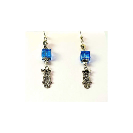 Blue  Glass Bead Dangle Earrings with Silver Owl Embellishment