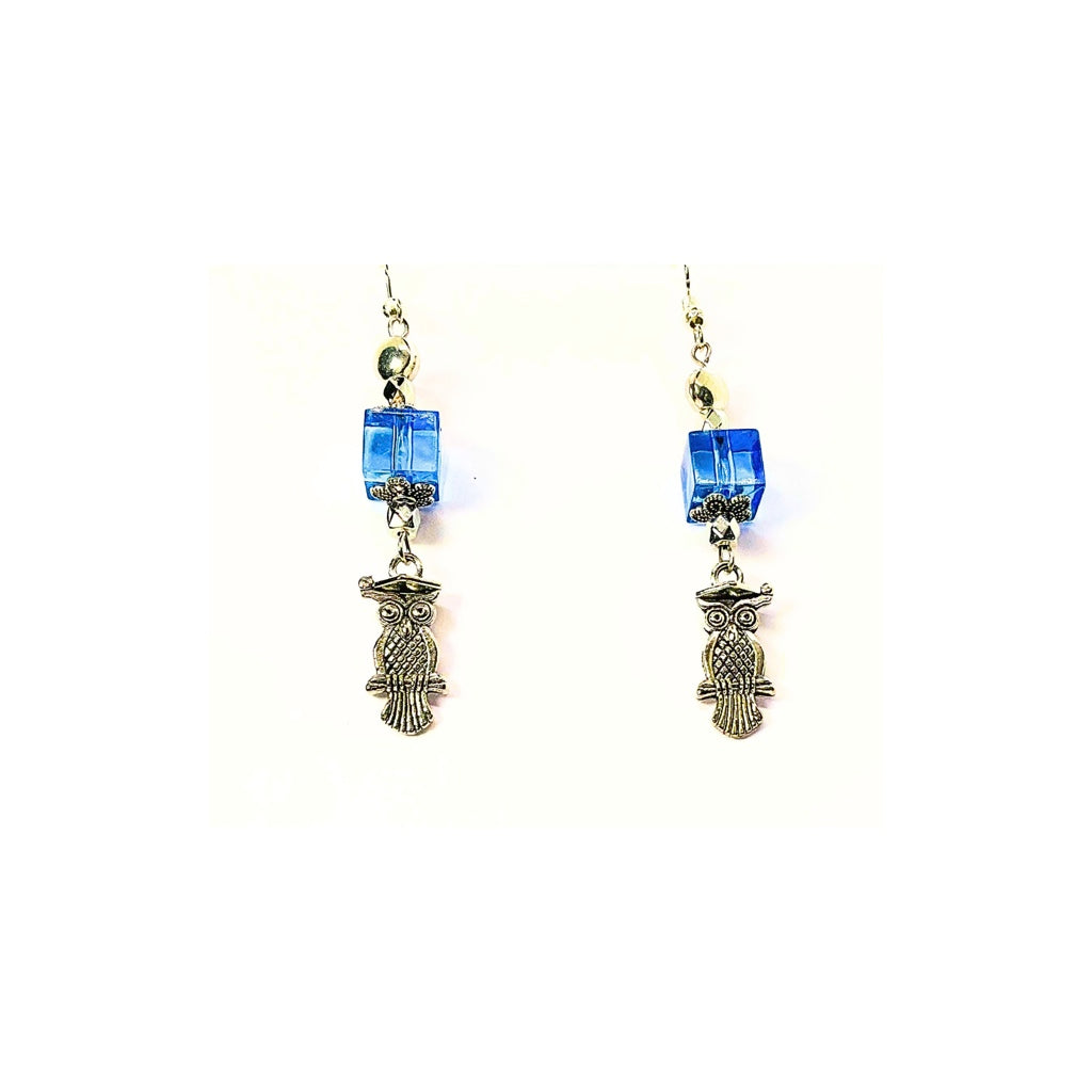Blue  Glass Bead Dangle Earrings with Silver Owl Embellishment