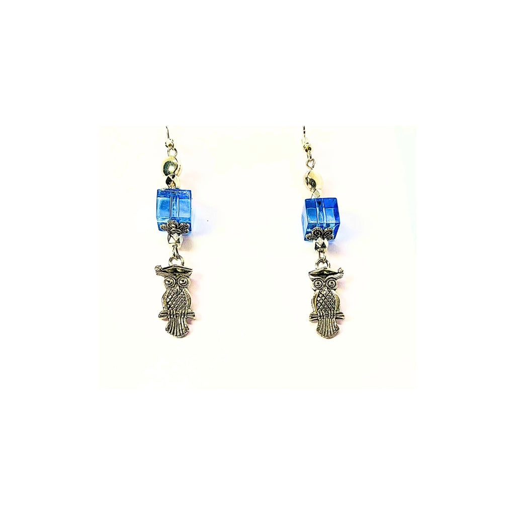 Blue  Glass Bead Dangle Earrings with Silver Owl Embellishment