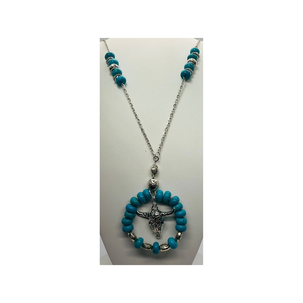 Turquoise and Silver Cow Head Beaded Necklace
