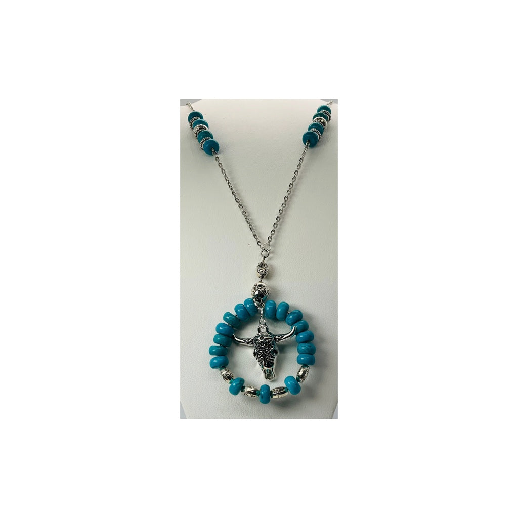 Turquoise and Silver Cow Head Beaded Necklace