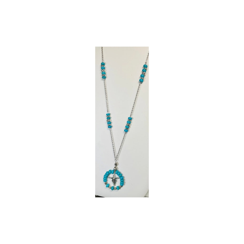 Turquoise and Silver Cow Head Beaded Necklace