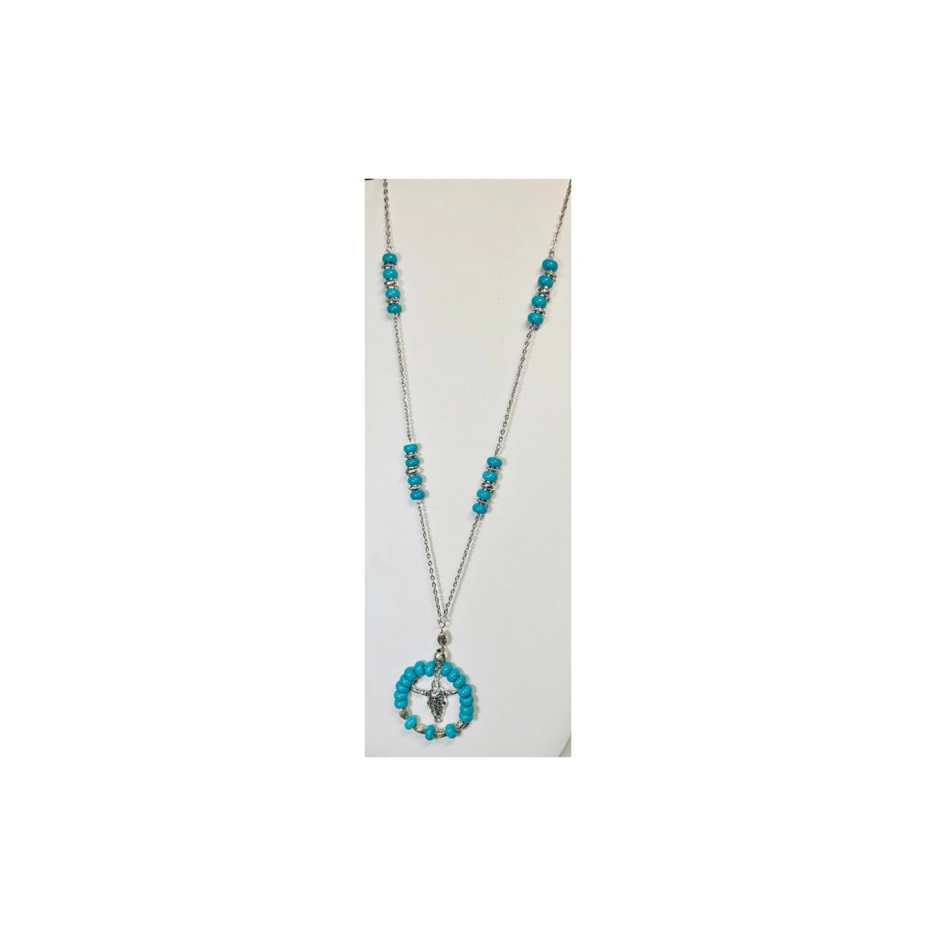 Turquoise and Silver Cow Head Beaded Necklace