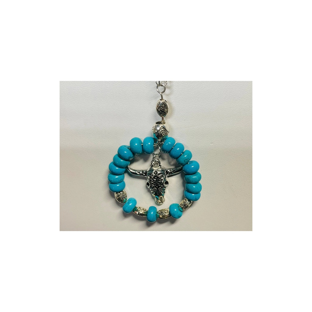 Turquoise and Silver Cow Head Beaded Necklace