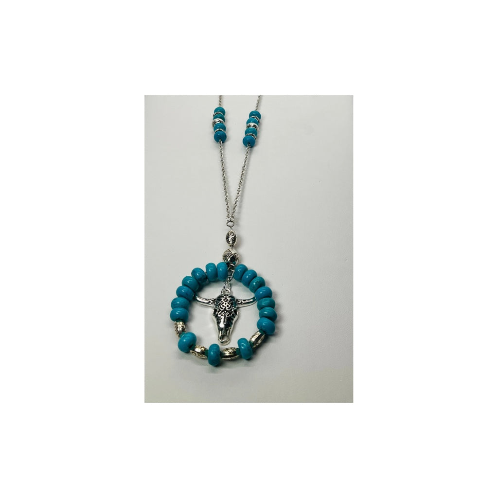 Turquoise and Silver Cow Head Beaded Necklace