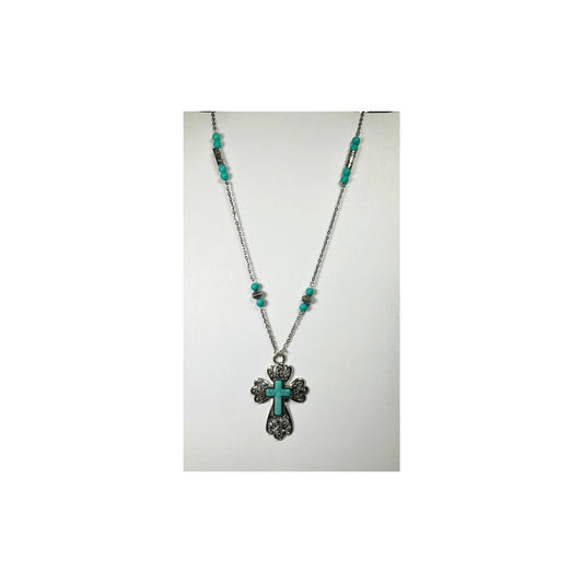 Long Turquoise and Silver Cross Necklace