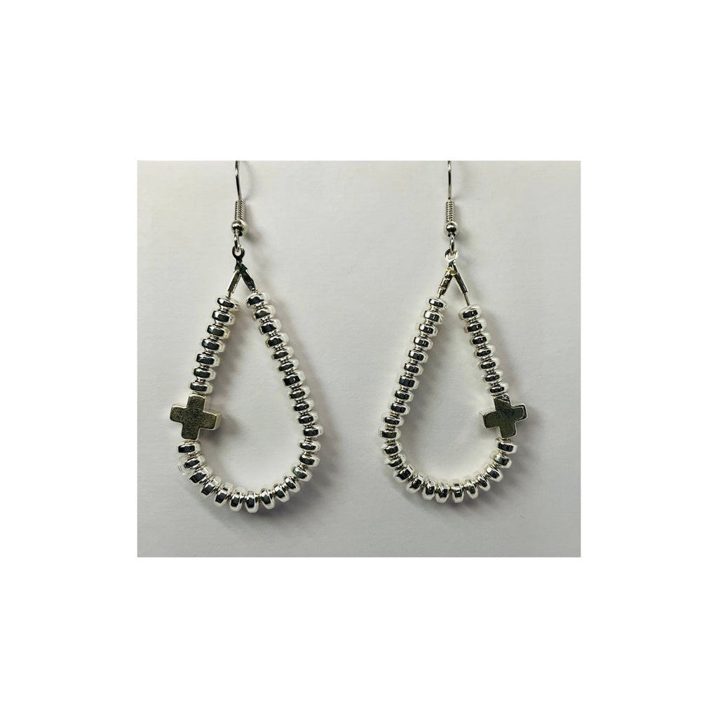 Silver Hematite Beaded Teardrop Earring with a Cross