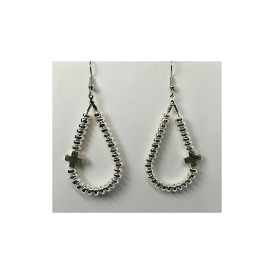 Silver Hematite Beaded Teardrop Earring with a Cross