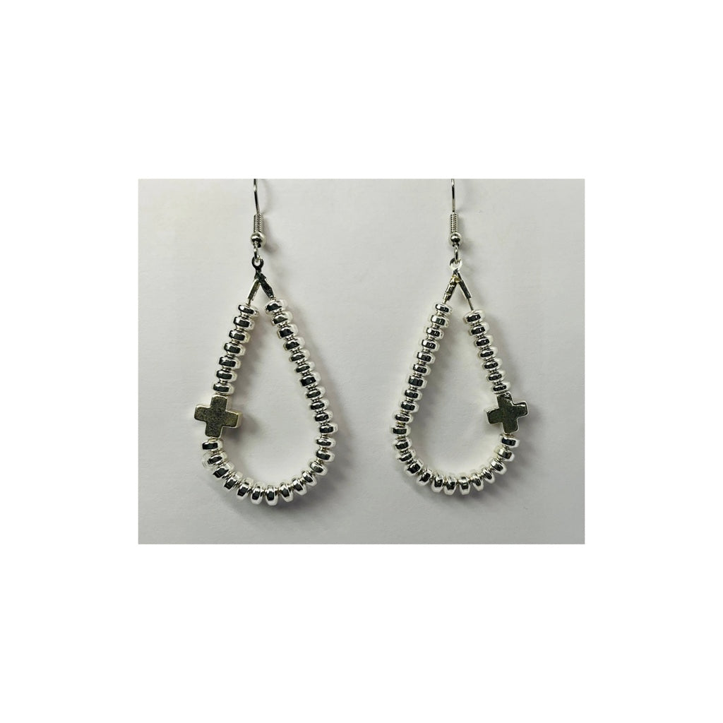 Silver Hematite Beaded Teardrop Earring with a Cross