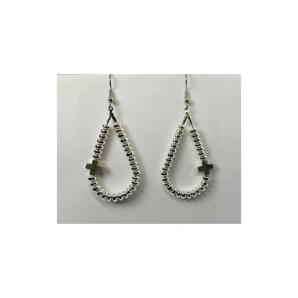 Silver Hematite Beaded Teardrop Earring with a Cross