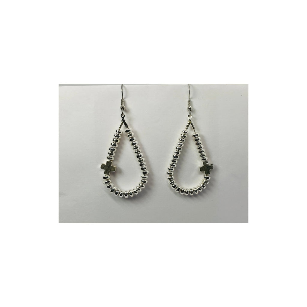 Silver Hematite Beaded Teardrop Earring with a Cross