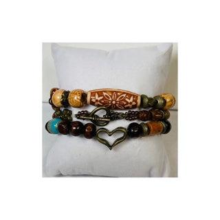 Set of 3 Wood and Glass Beaded Bracelets