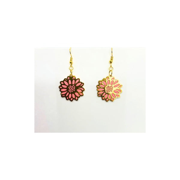 Coral Pink Sunflower and Gold Dangle Earrings