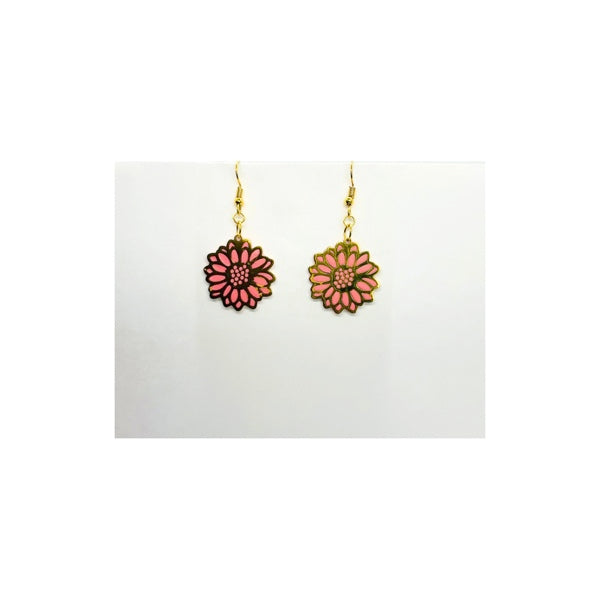 Coral Pink Sunflower and Gold Dangle Earrings