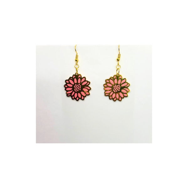 Coral Pink Sunflower and Gold Dangle Earrings