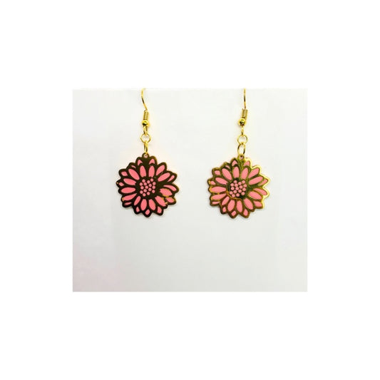 Coral Pink Sunflower and Gold Dangle Earrings